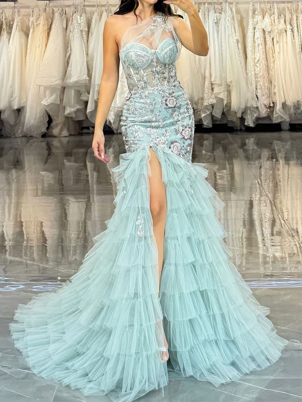 Mermaid One Shoulder Tulle Tiered Prom Dresses With Appliques #Milly020126377
