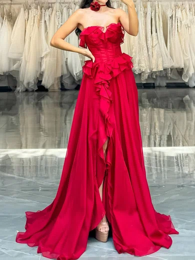 Red Ball Gown Strapless Chiffon Ruffle Prom Dresses #Milly020126378