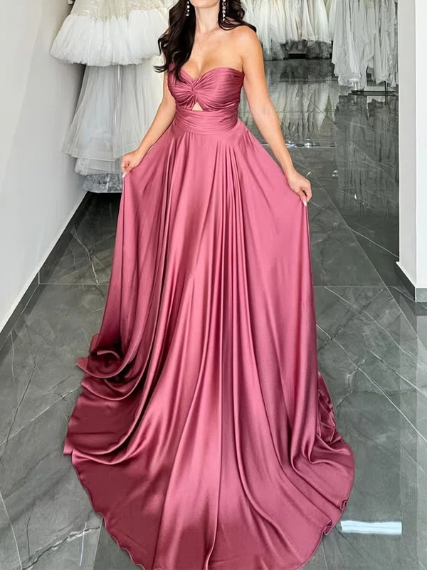 A-line Strapless Satin Cut Out Prom Dresses With Ruched #Milly020126379