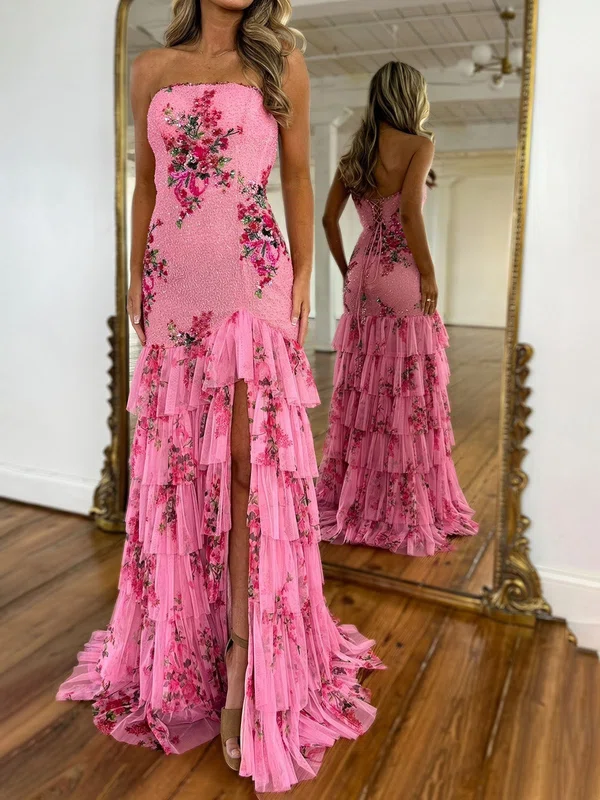 Elegant Sheath/Column Tulle Appliques Tiered Split Prom Dresses #Milly020126387