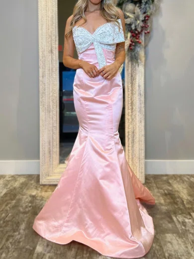 Mermaid V-neck Satin Prom Dresses With Beading #Milly020126389