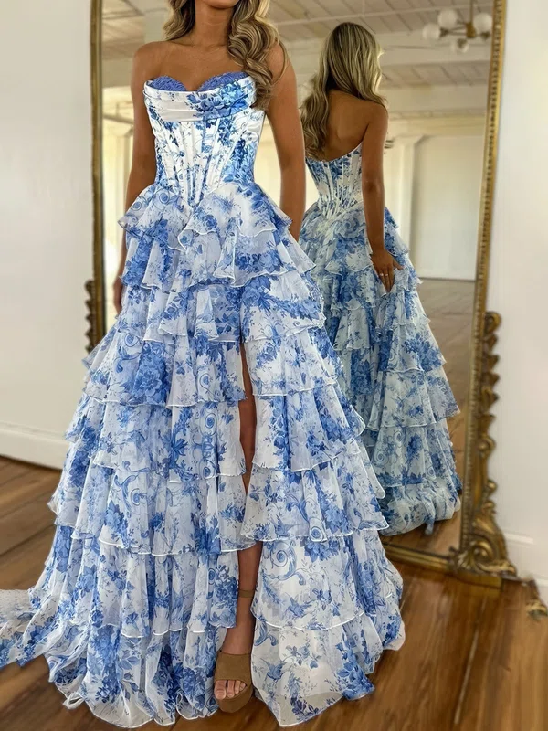 Puffy Ball Gown/Princess Chiffon Satin Tiered Floral Prom Dresses #Milly020126397