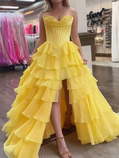 Ball Gown Strapless Satin Chiffon Ruffle Tiered Prom Dresses #Milly020126400