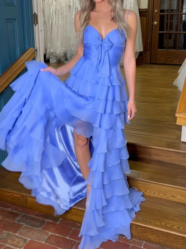 A-line V-neck Chiffon Ruffle Tiered Prom Dresses #Milly020126412