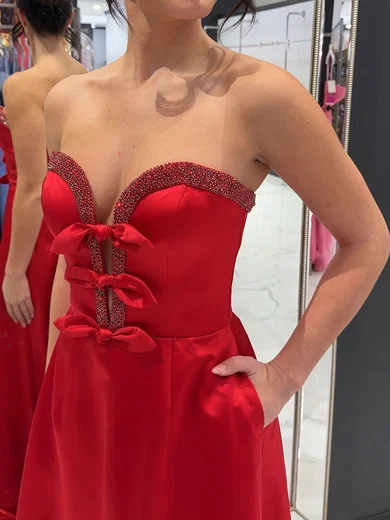 Red Ball Gown Strapless Satin Prom Dresses With Beading #Milly020126413