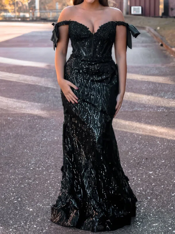 Black Mermaid Off-the-shoulder Sparkly Sequin Prom Dresses #Milly020126414