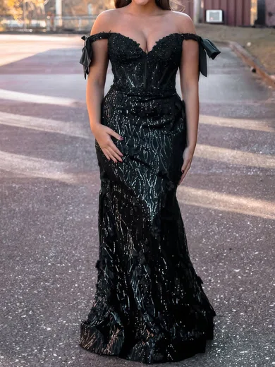 Black Mermaid Off-the-shoulder Sparkly Sequin Prom Dresses #Milly020126414