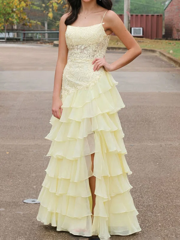 A-line Scoop Neck Chiffon Tiered Prom Dresses With Appliques #Milly020126415