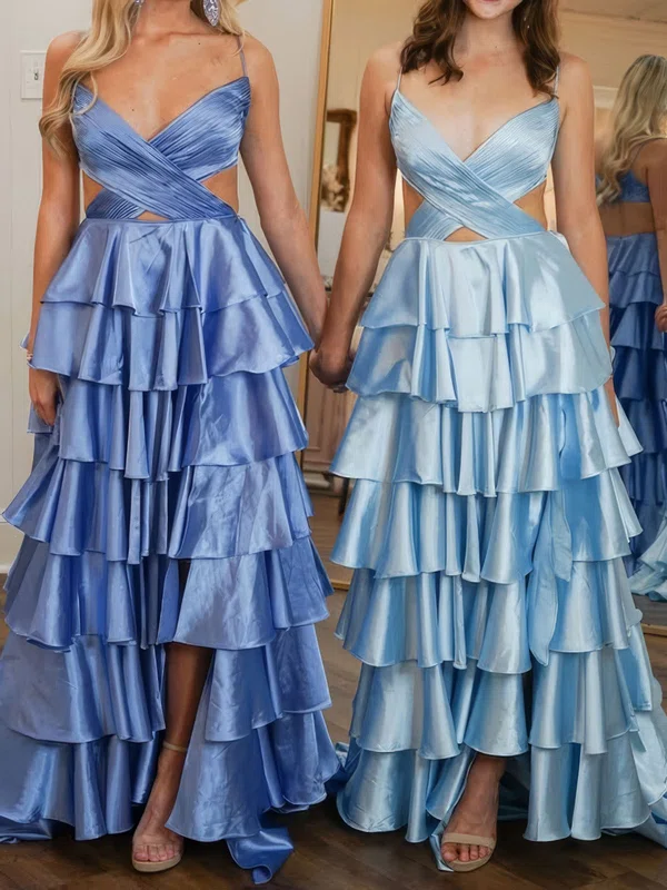 Unique A-line Satin V-neck Tiered Split Prom Dresses #Milly020126418