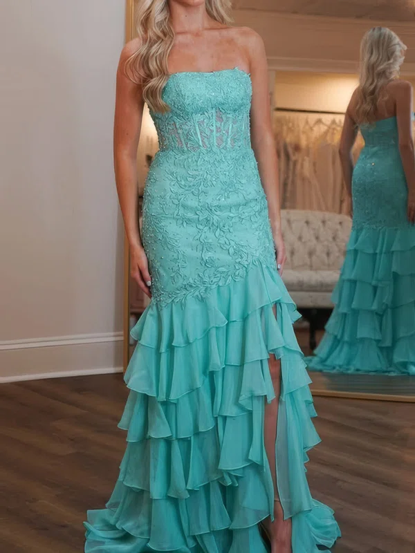 Mermaid Strapless Chiffon Tiered Prom Dresses With Appliques #Milly020126420
