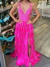 A-line V-neck Satin Tiered Prom Dresses With Beading #Milly020126421