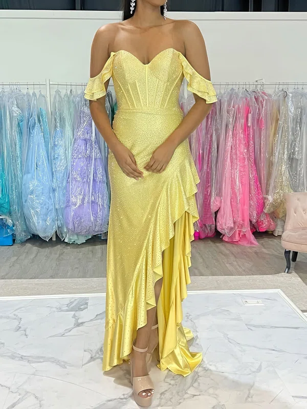 Sheath/Column Off-the-shoulder Satin Beaded Prom Dresses With Ruffle #Milly020126422