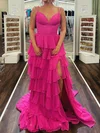 A-line V-neck Chiffon Ruffle Tiered Prom Dresses #Milly020126427