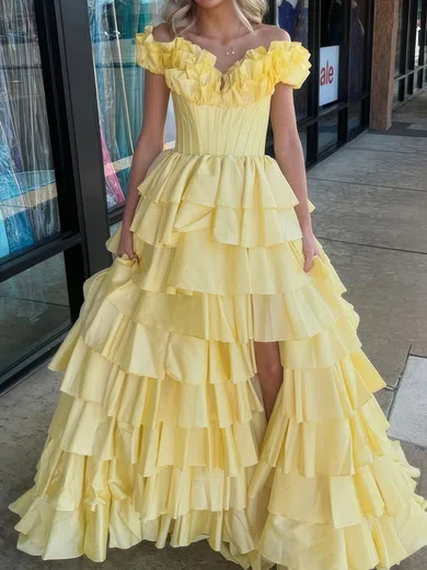 Ball Gown Off-the-shoulder Taffeta Ruffle Tiered Prom Dresses #Milly020126428