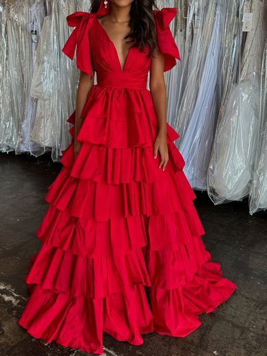 Puffy Ball Gown/Princess Taffeta V-neck Tiered Split Prom Dresses #Milly020126432