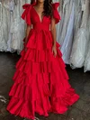 Puffy Ball Gown/Princess Taffeta V-neck Tiered Split Prom Dresses #Milly020126432