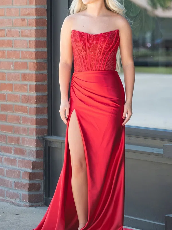 Sheath/Column Strapless Satin Corset Prom Dresses With Beading #Milly020126439