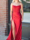 Sheath/Column Strapless Satin Corset Prom Dresses With Beading #Milly020126439