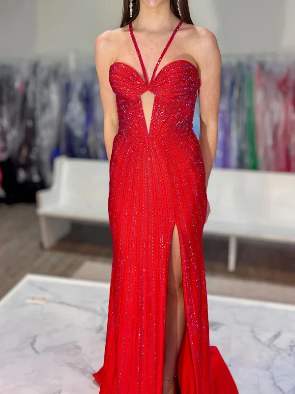 Red Sheath/Column Halter Jersey Beaded Prom Dresses #Milly020126455