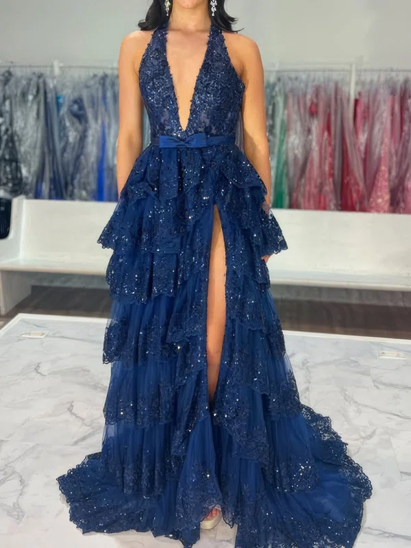 Ball Gown Halter Tulle Tiered Prom Dresses With Appliques #Milly020126457