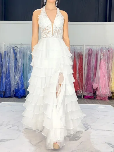 A-line Halter Chiffon Ruffle Tiered Prom Dresses With Appliques #Milly020126463