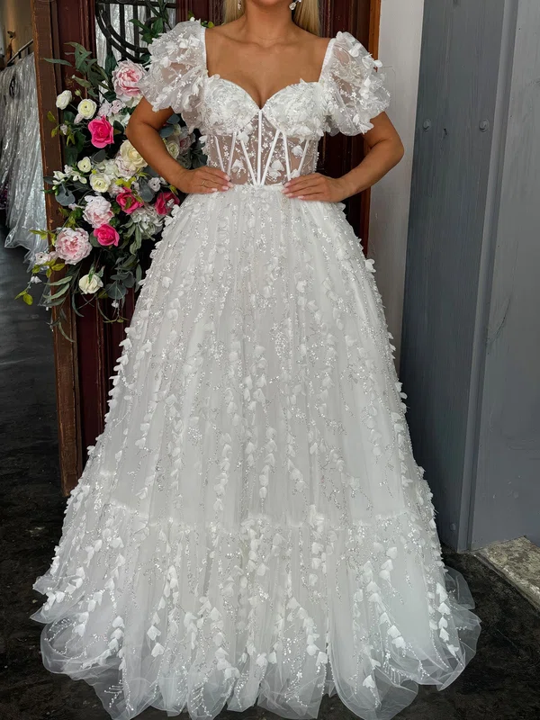 Ball Gown Sweetheart Tulle 3D Floral Prom Dresses With Puff Sleeve #Milly020126467