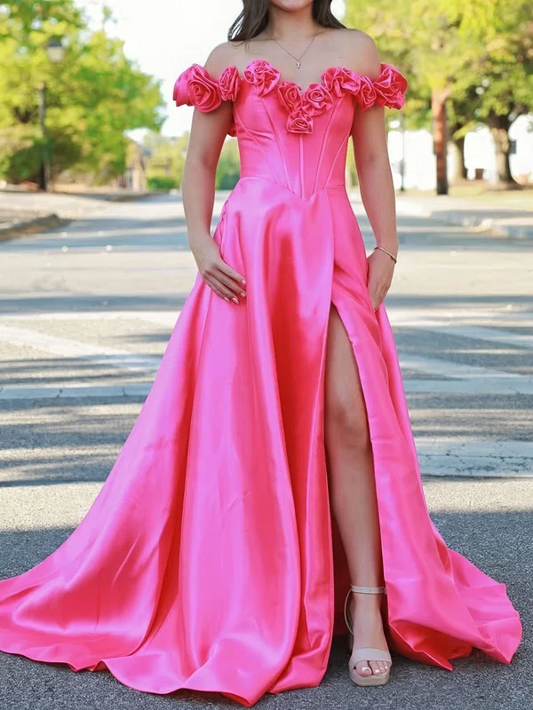 Elegant A-line Satin Floral Split Prom Dresses #Milly020126468