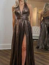 Sparkly A-line Metallic Halter Ruched Split Prom Dresses #Milly020126473