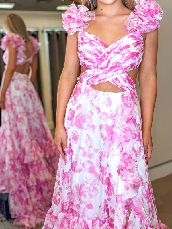 A-line V-neck Chiffon Floral Ruffle Tiered Prom Dresses #Milly020126477
