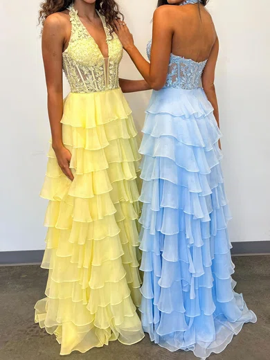 A-line Halter Chiffon Ruffle Tiered Prom Dresses With Appliques #Milly020126484