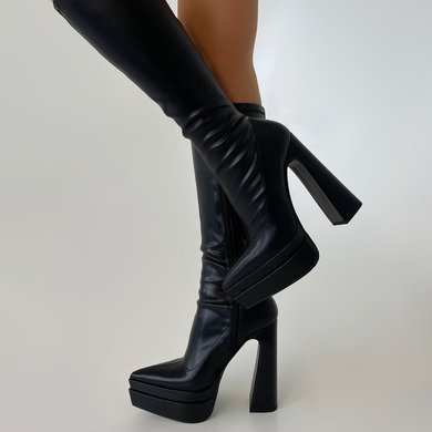 Black Chunky Heel Knee High Boots #Milly03031559