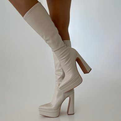 Cream Chunky Heel Knee High Boots #Milly03031560