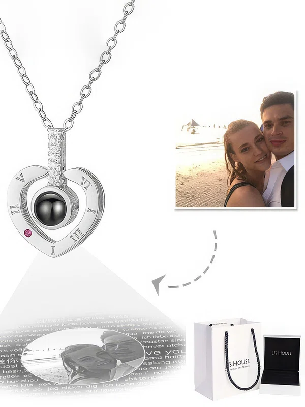 Custom Sterling Silver Birthstone Heart Photo Necklace With Cubic Zirconia #Milly03060231