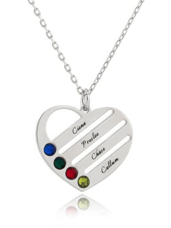 Custom Silver Engraving/Engraved Four Birthstone Necklace Family Necklace With Heart - Birthday Gifts Mother's Day Gifts (288229460) #Milly03060233