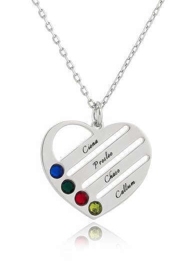Custom Silver Engraving/Engraved Four Birthstone Necklace Family Necklace With Heart - Birthday Gifts Mother's Day Gifts (288229460) #Milly03060233