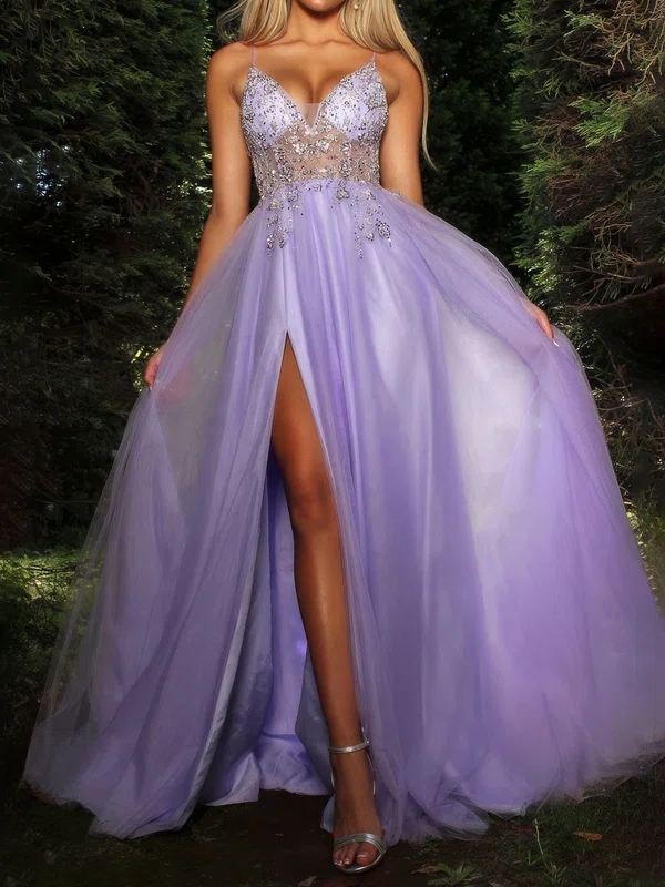 Ball Gown V-neck Tulle Prom Dresses With Beading #Milly020126594