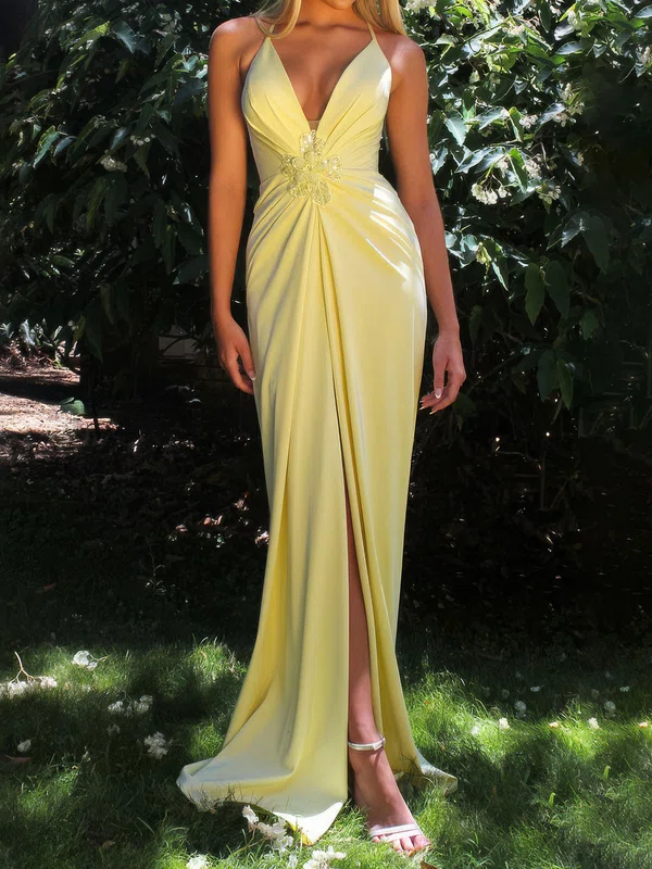 Sheath/Column V-neck Satin Prom Dresses With Ruched #Milly020126599