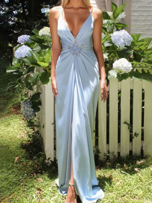 Sheath/Column V-neck Satin Prom Dresses With Ruched #Milly020126600