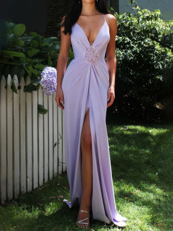 Unique Sheath/Column Satin V-neck Ruched Lace-up Prom Dresses #Milly020126601