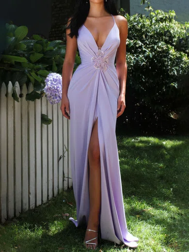 Sheath/Column V-neck Satin Prom Dresses With Ruched #Milly020126601