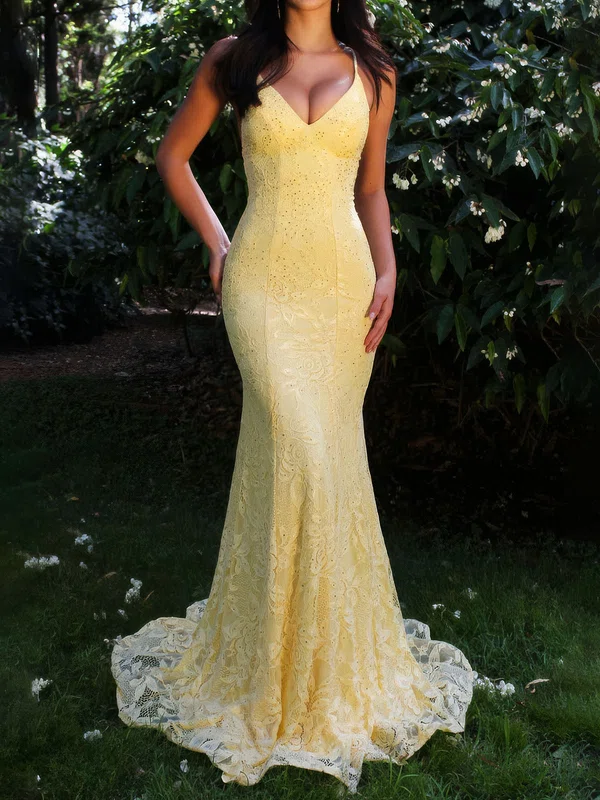 Elegant Trumpet/Mermaid Lace V-neck Lace-up Prom Dresses #Milly020126609