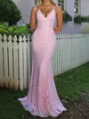 Elegant Trumpet/Mermaid Lace V-neck Beaded Prom Dresses #Milly020126611