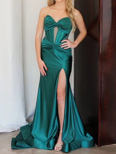 Sheath/Column Strapless Satin Corset Prom Dresses With Ruched #Milly020126622