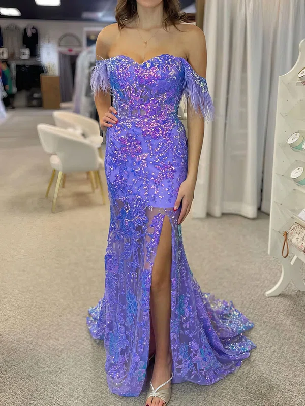 Mermaid Off-the-shoulder Sparkly Sequin Prom Dresses With Feather #Milly020126656