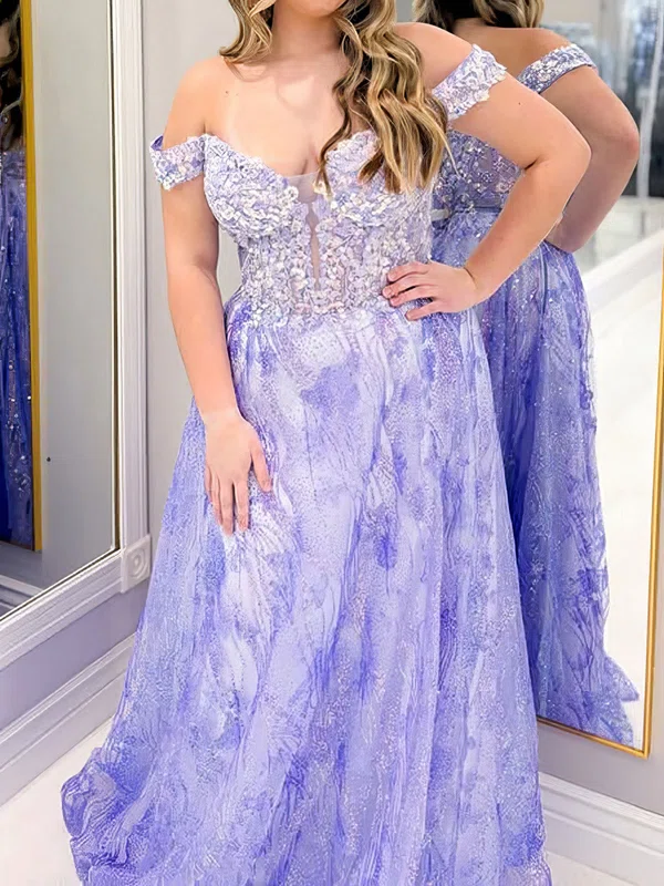A-line Off-the-shoulder Lace Sparkly Prom Dresses With Appliques #Milly020126660