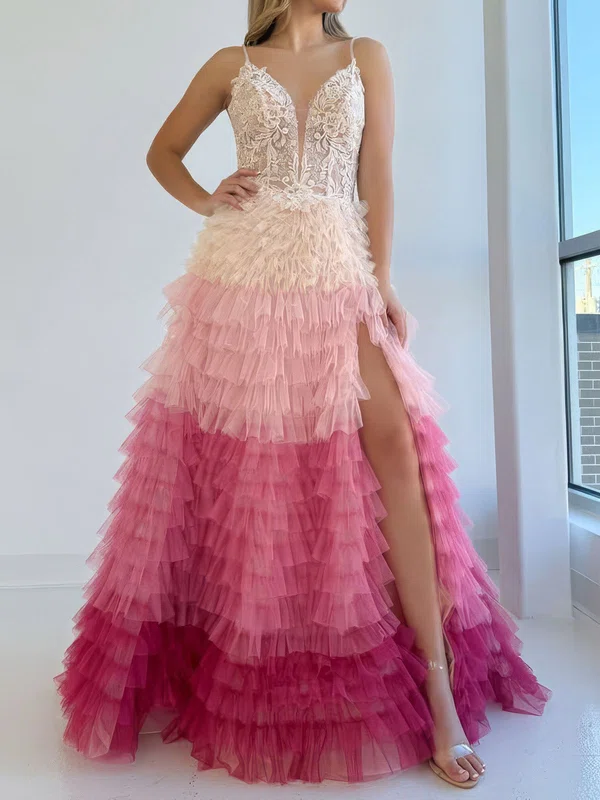Ball Gown V-neck Tulle Ruffle Tiered Prom Dresses With Appliques #Milly020126662