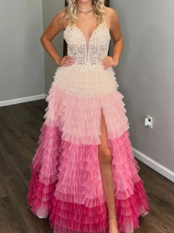Ball Gown V-neck Tulle Ruffle Tiered Prom Dresses With Appliques #Milly020126664