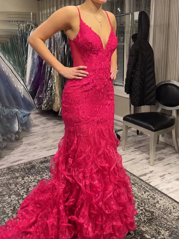 Mermaid V-neck Lace Ruffle Prom Dresses With Appliques #Milly020126667