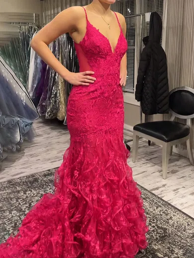 Mermaid V-neck Lace Ruffle Prom Dresses With Appliques #Milly020126667