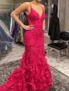Mermaid V-neck Lace Ruffle Prom Dresses With Appliques #Milly020126667